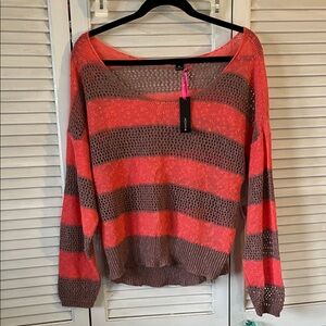 I Heart Ronson Coral and Taupe Striped Open-Knit Scoop Neck Sweater